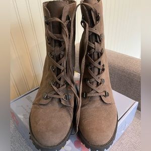 Tan lace up block heel boot. US size 8.5